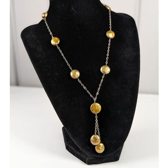 Sterling Silver 925 Y-Drop Real Freshwater Coin Pearl Golden Yellow Necklace - Picture 1 of 6